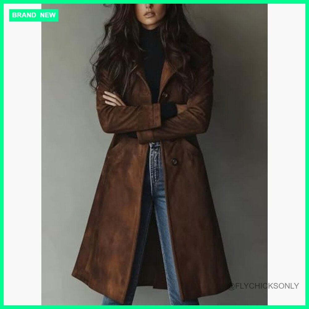 Faux Suede Trench Coat Women's Long Single Breasted Leather Overcoat - Picture 7 of 7